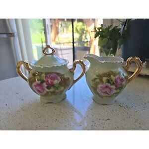 Lefton China Hand Painted Heritage Rose Sugar & Creamer Rare Vintage